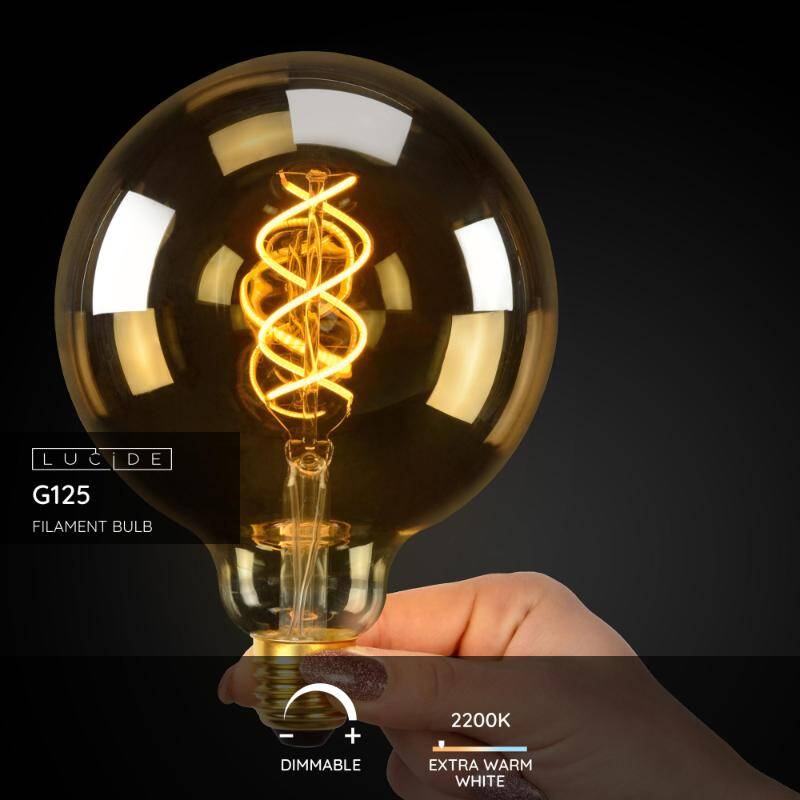Image of Lucide 5W Very Very Warm White Dimmable LED Decorative Filament 125mm Clear Globe Bulb