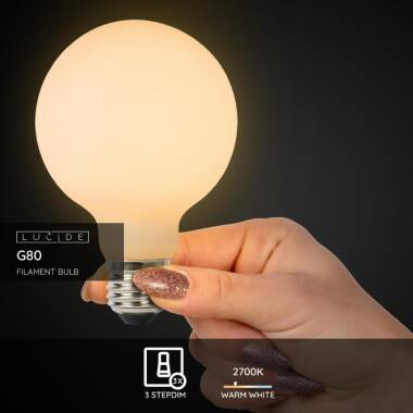 Image of Lucide 8W Warm White Dimmable LED Decorative Filament 80mm Frosted Globe Bulb