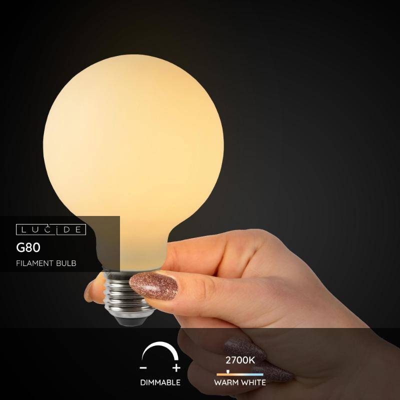 Image of Lucide 5W Warm White Dimmable LED Decorative Filament 80mm Opal/Pearl Globe Bulb