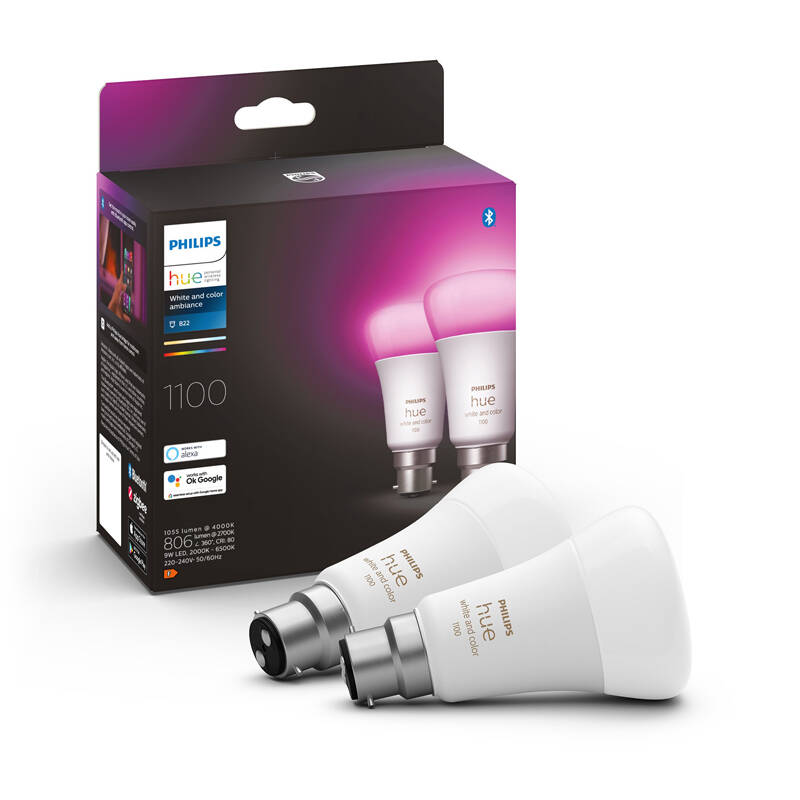 Image of Philips Hue 9W Smart Dimmable LED Bulb Bayonet Cap - Pack of 2
