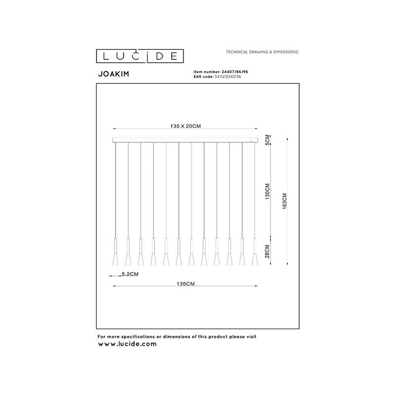 Image of Lucide Joakim 1500 LED 12 Light Bar Ceiling Pendant