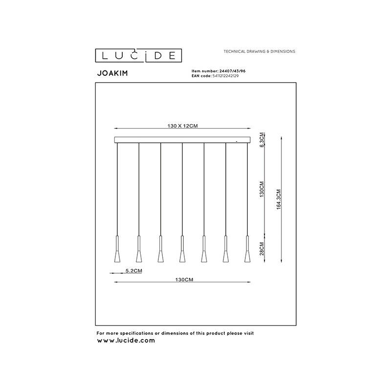 Image of Lucide Joakim 1300 LED 7 Light Bar Ceiling Pendant